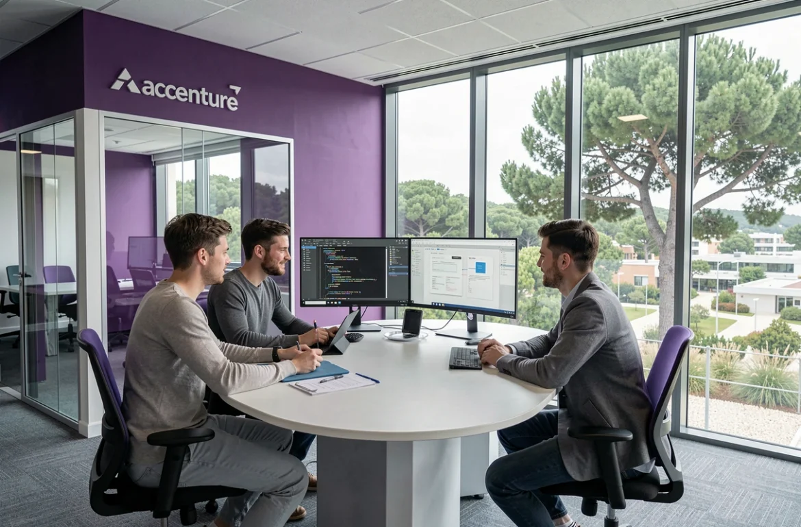 Ingénieurs Accenture Technology collaborant dans un bureau de Sophia Antipolis entouré de pinèdes