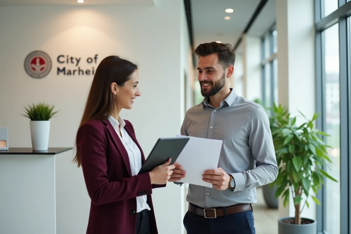 Un nouvel employé de la mairie de Marseille reçoit des explications sur les étapes d'intégration et la connexion à Connect par une responsable des ressources humaines