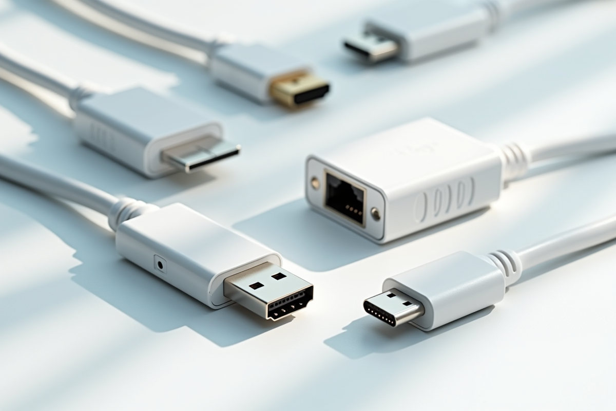 Différents adaptateurs et convertisseurs informatiques sur surface blanche