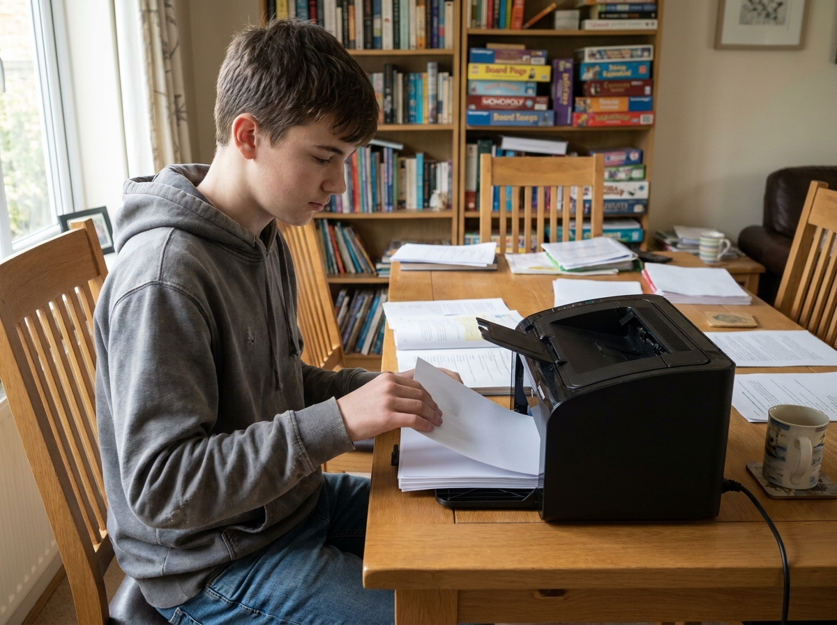 Adolescent chargé du papier dans une imprimante à la maison