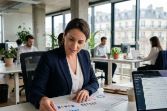 Consultante SEO professionnelle analysant des rapports de performance dans une agence digitale moderne à Paris