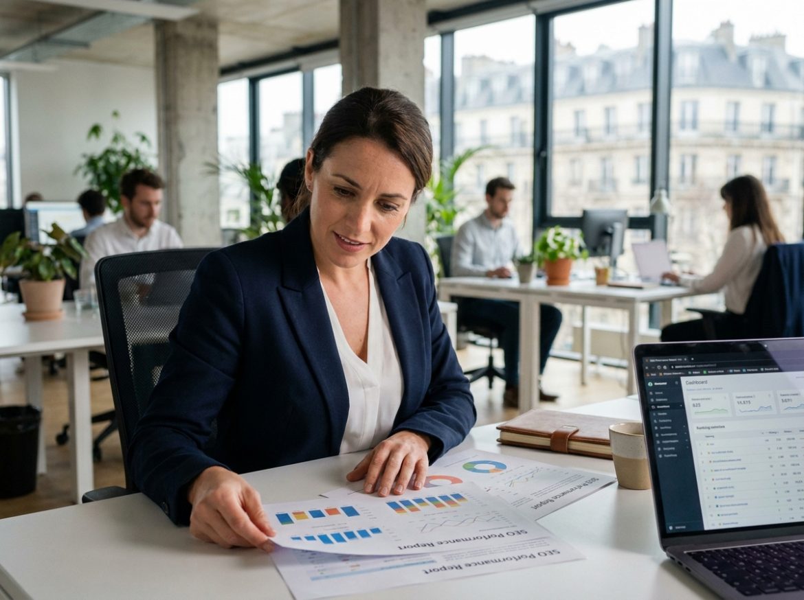 Consultante SEO professionnelle analysant des rapports de performance dans une agence digitale moderne à Paris