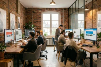 Équipe d'une agence digitale en Centre-Val de Loire travaillant sur des projets Shopify dans un espace de travail moderne