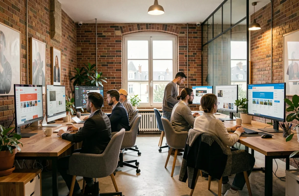 Équipe d'une agence digitale en Centre-Val de Loire travaillant sur des projets Shopify dans un espace de travail moderne