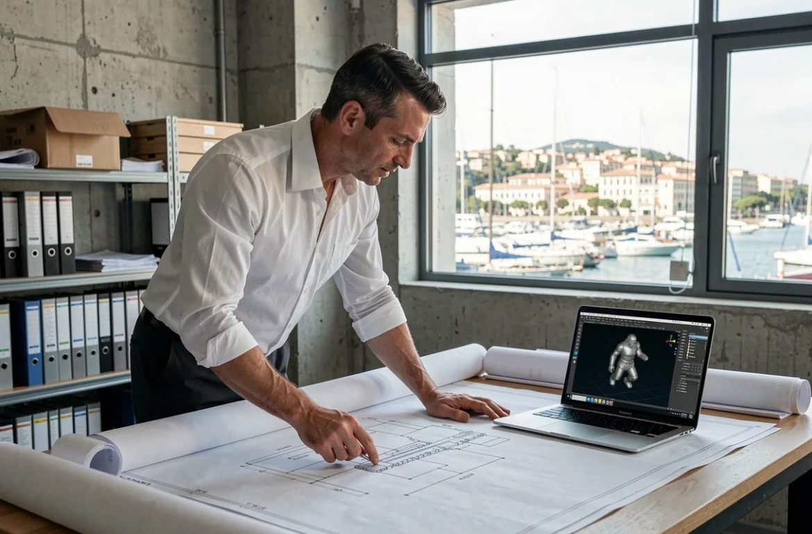 Ingénieur Alten examinant des plans CAD dans un bureau marseillais avec vue sur le port