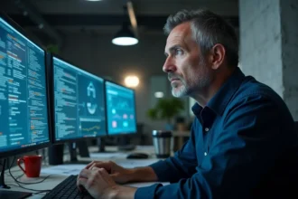 Analyste en cybersécurité étudiant des communications chiffrées sur plusieurs écrans dans un bureau professionnel, évoquant les enquêtes sur les réseaux téléphoniques cryptés comme EncroChat