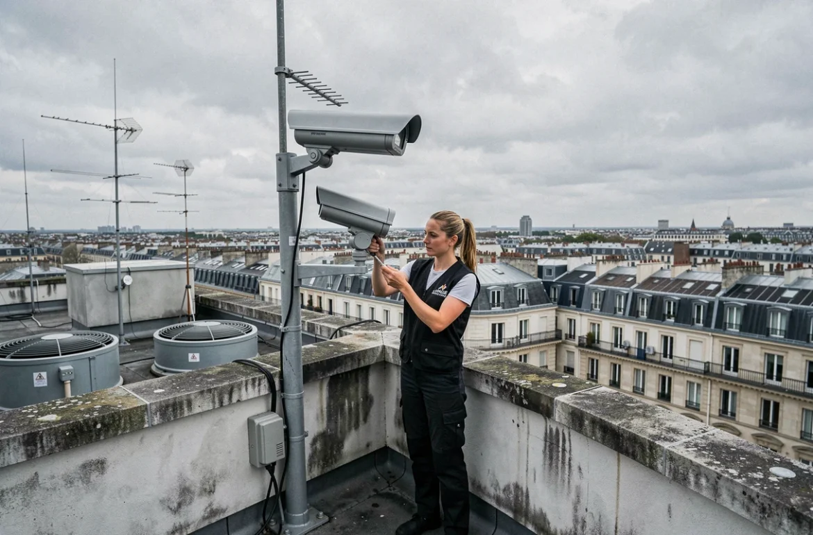 Technicienne Ange Security installant une caméra PTZ sur un toit en milieu urbain parisien