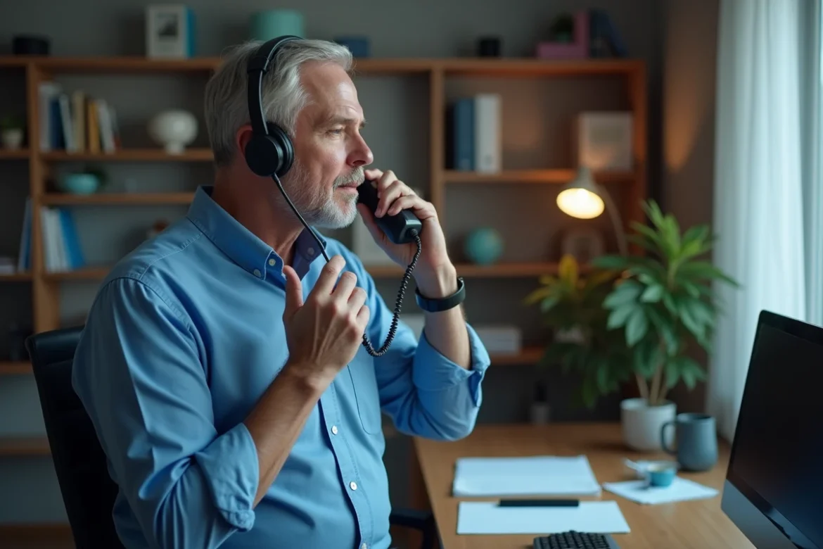 Homme appelant l'assistance technique Freebox en observant les voyants de sa box internet dans un bureau à domicile