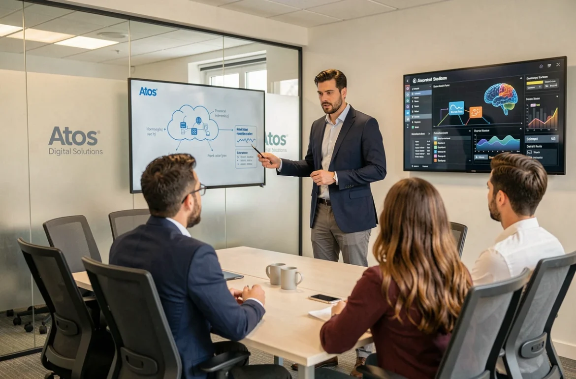Architecte IT Atos présentant une infrastructure cloud dans un bureau de la région PACA