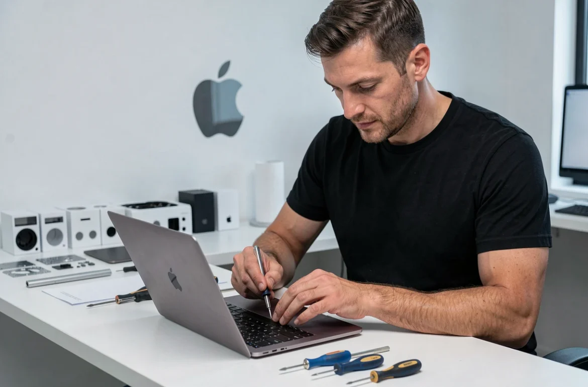 Spécialiste Apple d'AUCOEURDUMAC ouvrant un MacBook avec des outils de précision dans un atelier de réparation Mac minimaliste