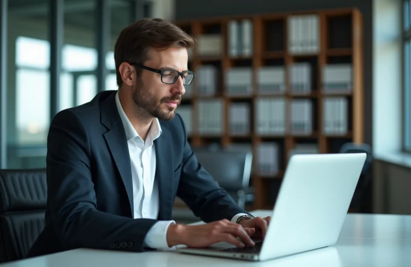 Auditeur IT homme en costume examinant des données sur un ordinateur