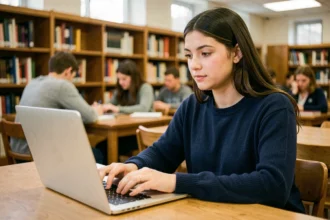 Étudiante se connectant au portail Eduline Lille sur un ordinateur portable dans une bibliothèque universitaire