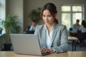 Femme authentifiant ses identifiants sur un ENT scolaire depuis un ordinateur portable dans un bureau moderne