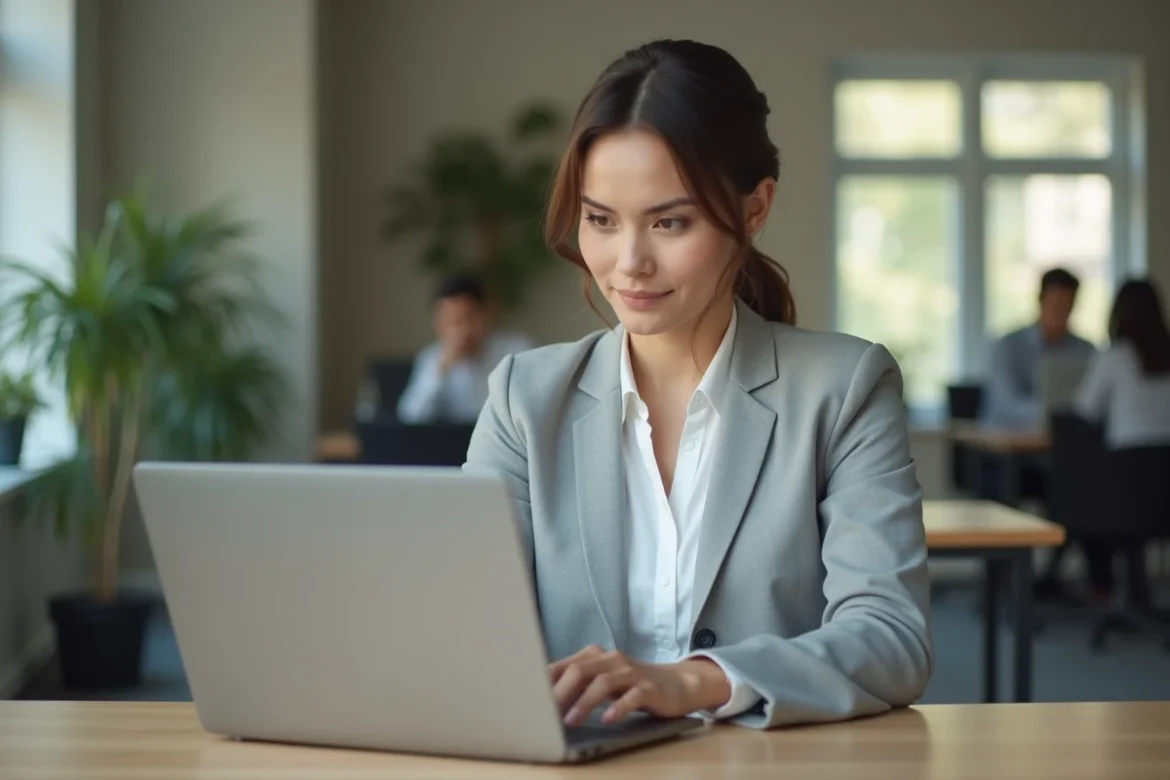 Femme authentifiant ses identifiants sur un ENT scolaire depuis un ordinateur portable dans un bureau moderne