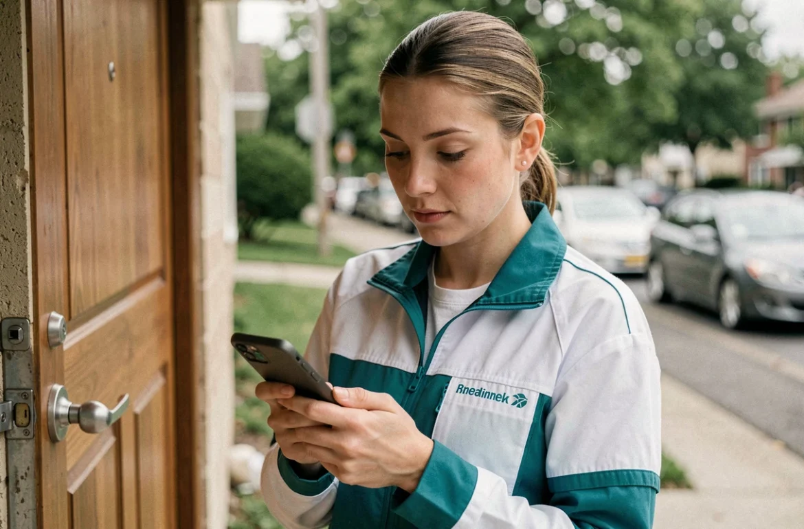 Auxiliaire de vie consultant son planning mobile avant une intervention à domicile en milieu urbain