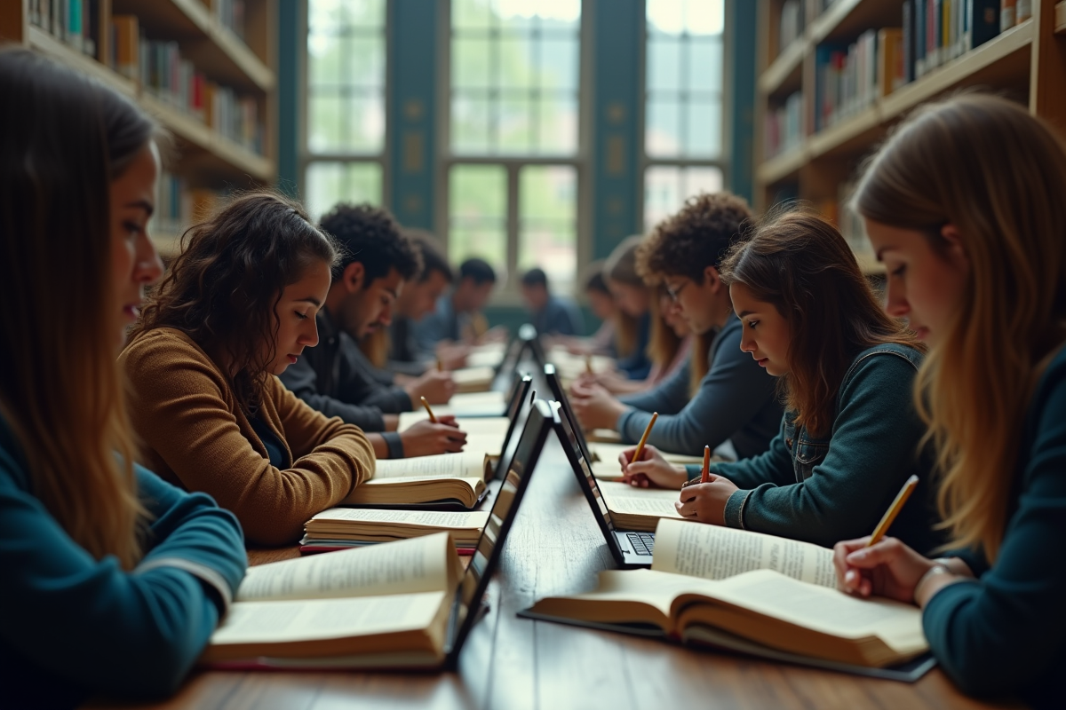 Groupe de personnes dans une bibliothèque avec livres et tablettes