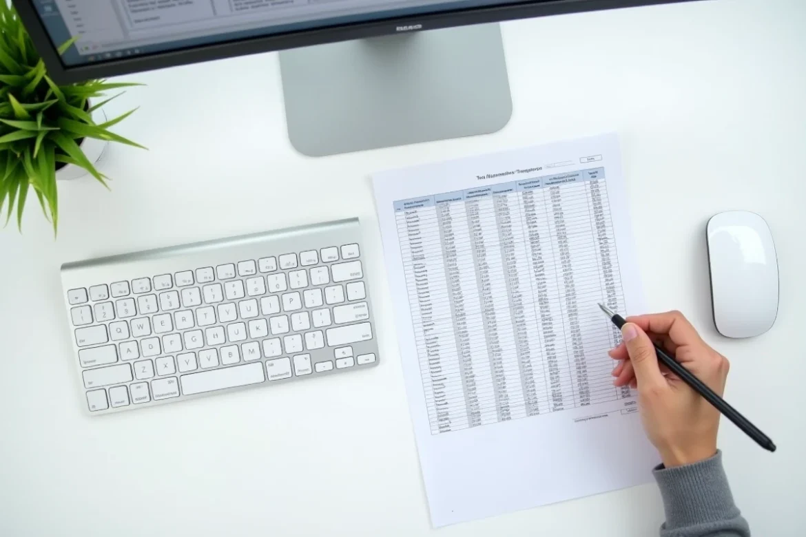Vue aérienne d'un bureau avec clavier, feuille Excel imprimée et écran montrant la fonction transposer dans Excel