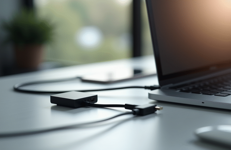 Bureau avec ordinateur portable et convertisseur HDMI USBC