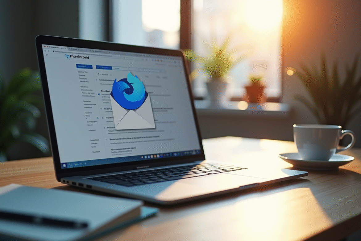 Bureau professionnel avec ordinateur portable affichant Thunderbird
