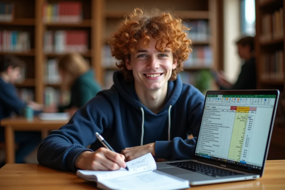 Étudiant en bibliothèque prenant des notes sur le calcul de moyenne avec Excel