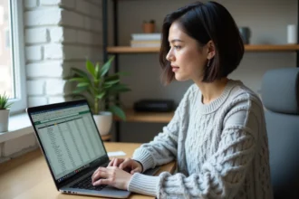 Femme utilisant Excel pour calculer une moyenne sur un ordinateur portable dans un bureau à domicile