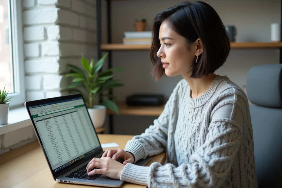 Femme utilisant Excel pour calculer une moyenne sur un ordinateur portable dans un bureau à domicile