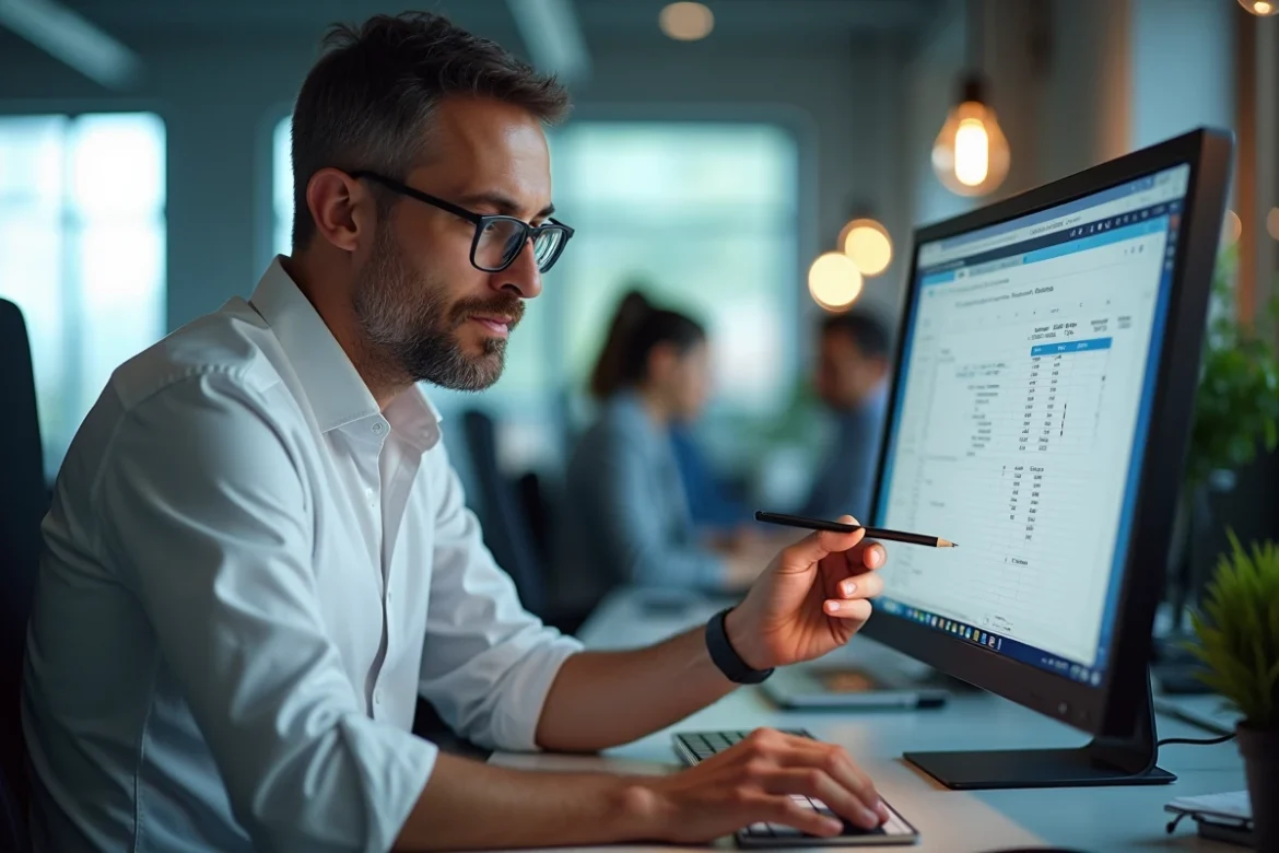 Homme d'affaires en open space pointant une formule de moyenne sur un écran Excel