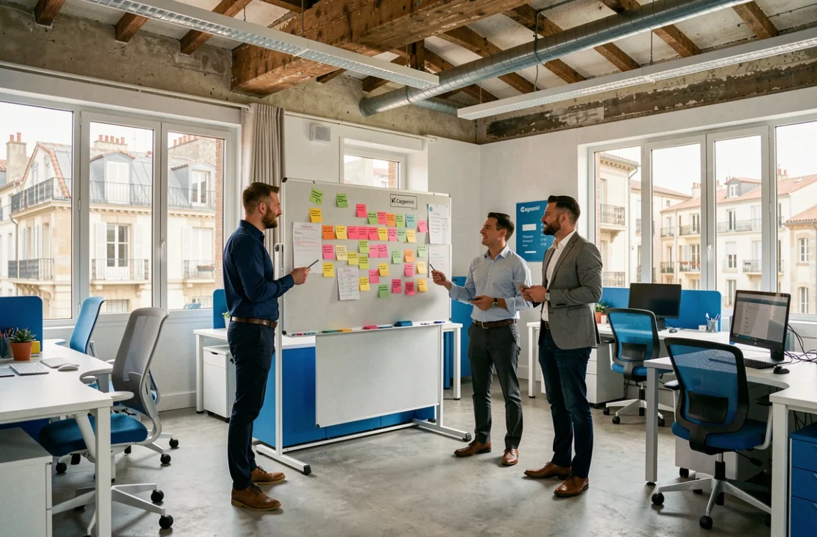 Équipe Capgemini autour d'un tableau agile dans un bureau d'Aix-en-Provence ou Marseille