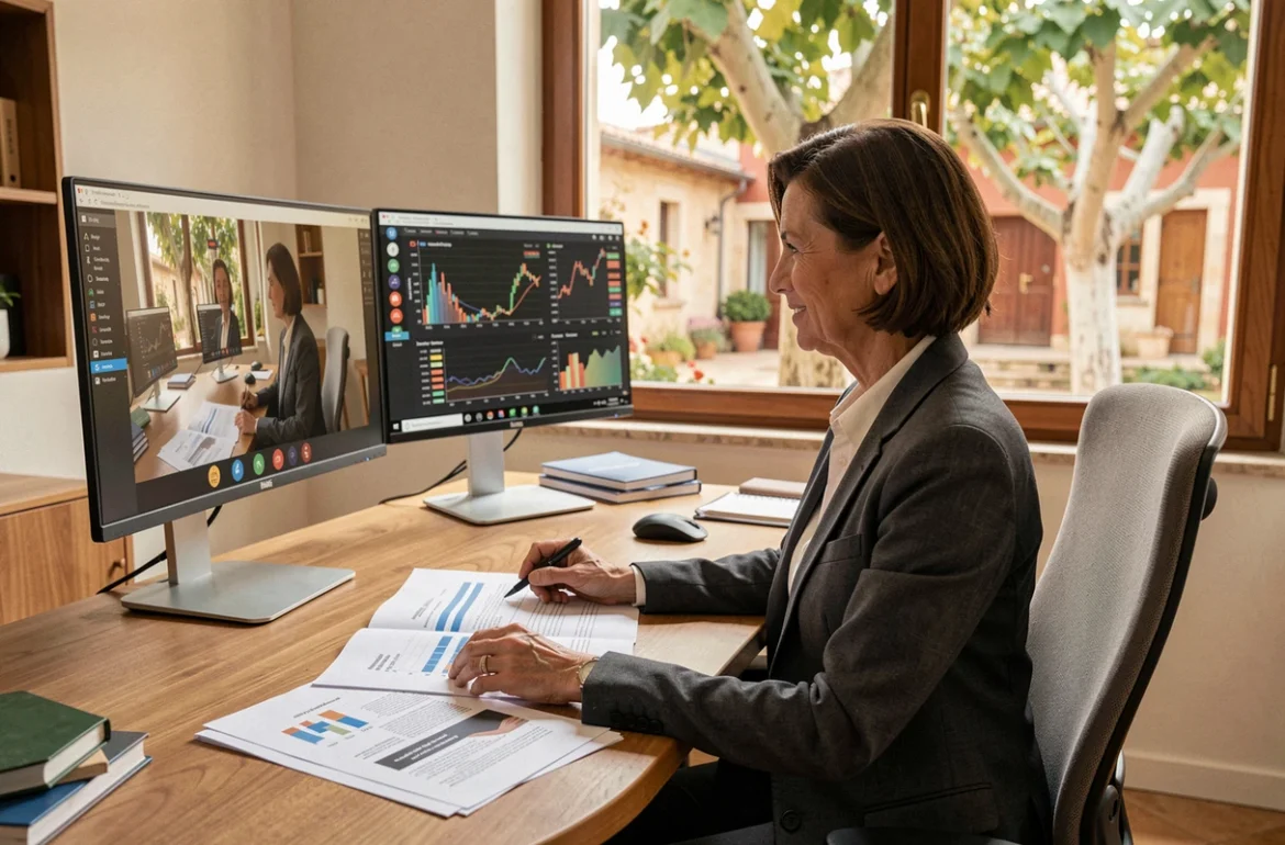 Consultante CGI en réunion vidéo dans un bureau en Provence-Alpes-Côte d'Azur