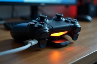 Manette PS4 en charge sur dock Sony avec voyant lumineux ambré indiquant une possible surchauffe