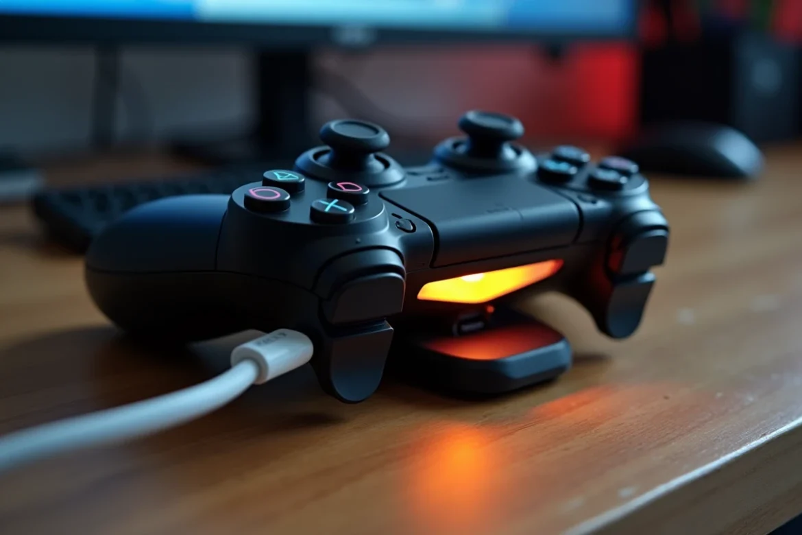 Manette PS4 en charge sur dock Sony avec voyant lumineux ambré indiquant une possible surchauffe