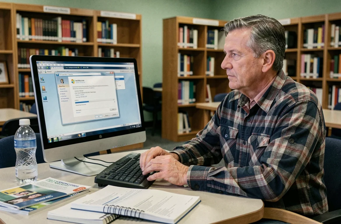 Homme âgé consultant les propriétés système de Windows 7 dans une bibliothèque publique pour choisir entre version 32 et 64 bits