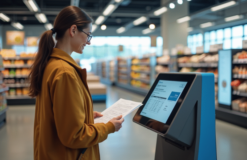 Client souriant utilisant un kiosque d'impression dans un supermarche Leclerc