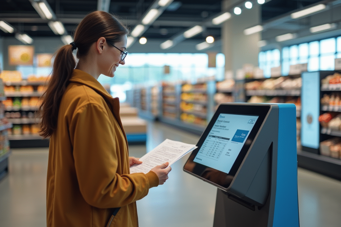 Client souriant utilisant un kiosque d'impression dans un supermarche Leclerc