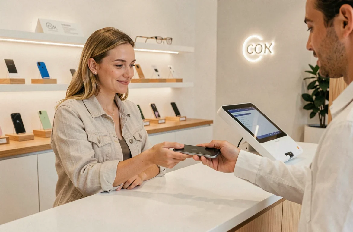 Cliente récupérant son smartphone réparé avec protection écran posée dans une boutique de réparation téléphone à Montpellier
