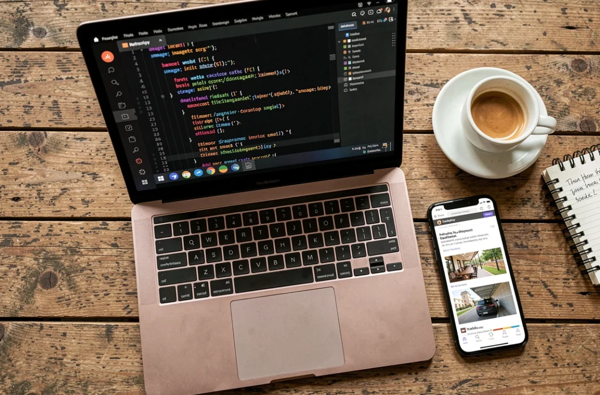 Écran d'ordinateur portable affichant du code HTML avec des balises d'images dans un éditeur de code sombre sur une table de café