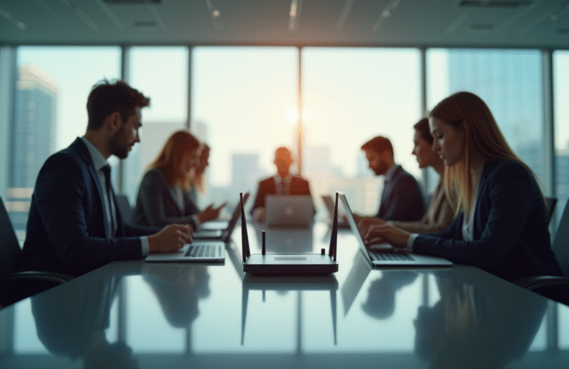 Professionnels collaborant autour d'une table dans un bureau moderne
