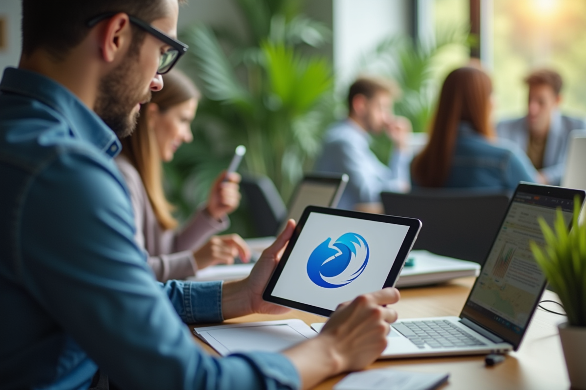 Personne vérifiant ses emails Thunderbird sur une tablette dans un espace de coworking