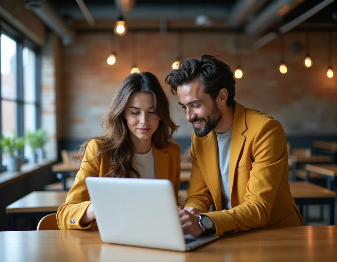 Deux collègues collaborant autour d'un ordinateur portable pour partager des fichiers efficacement dans un espace de coworking moderne