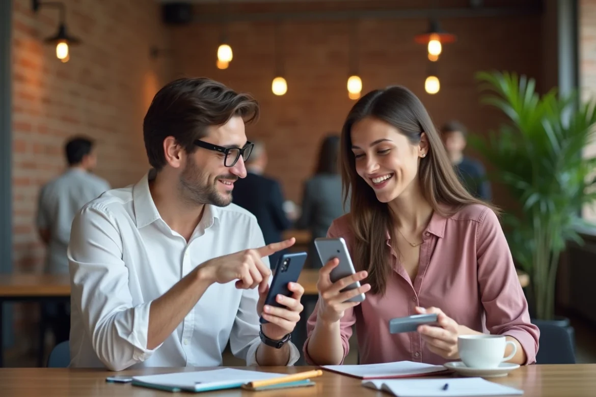 Deux collègues découvrant ensemble comment mettre du texte en italique sur WhatsApp dans un espace de coworking