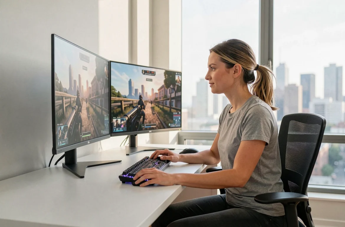 Femme comparant deux écrans PC différents pour choisir la taille idéale pour le gaming