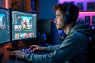 Jeune homme comparant deux interfaces de launchers de jeux sur un double écran dans un setup gaming moderne