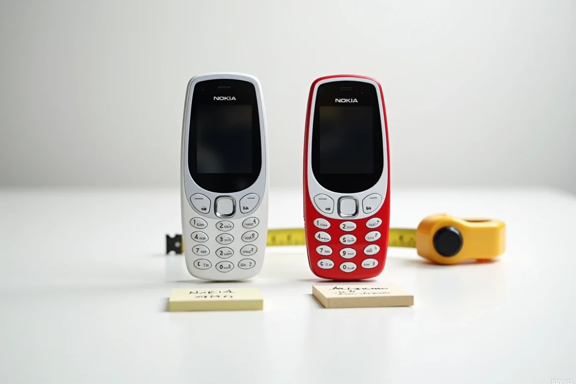 Comparaison Nokia 5310 et Nokia 5200 blanc et rouge côte à côte sur fond blanc avec notes manuscrites