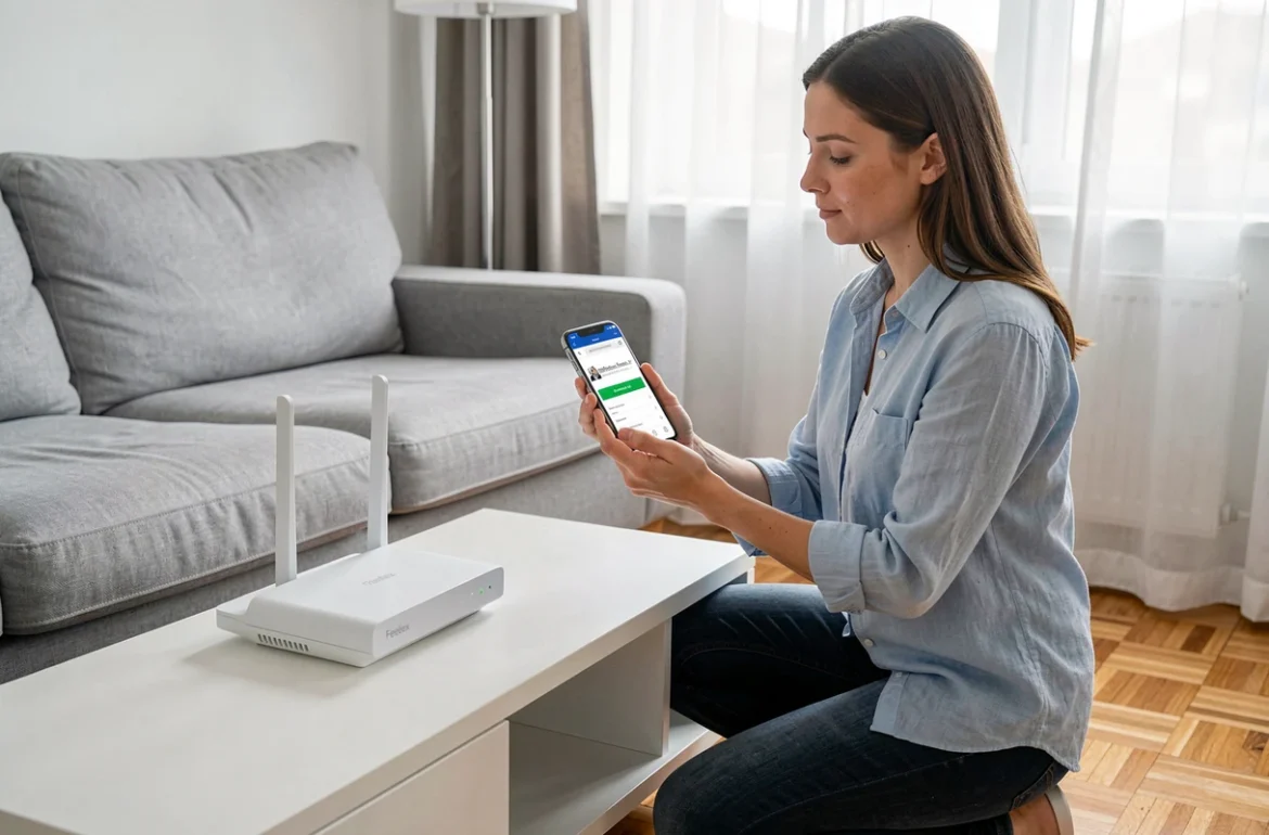 Femme configurant sa Freebox Delta en accédant à mafreebox.freebox.fr depuis un smartphone dans le salon