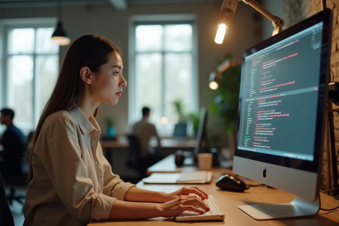 Programmatrice configurant un raccourci personnalisé pour le tilde sur un Mac dans un bureau moderne