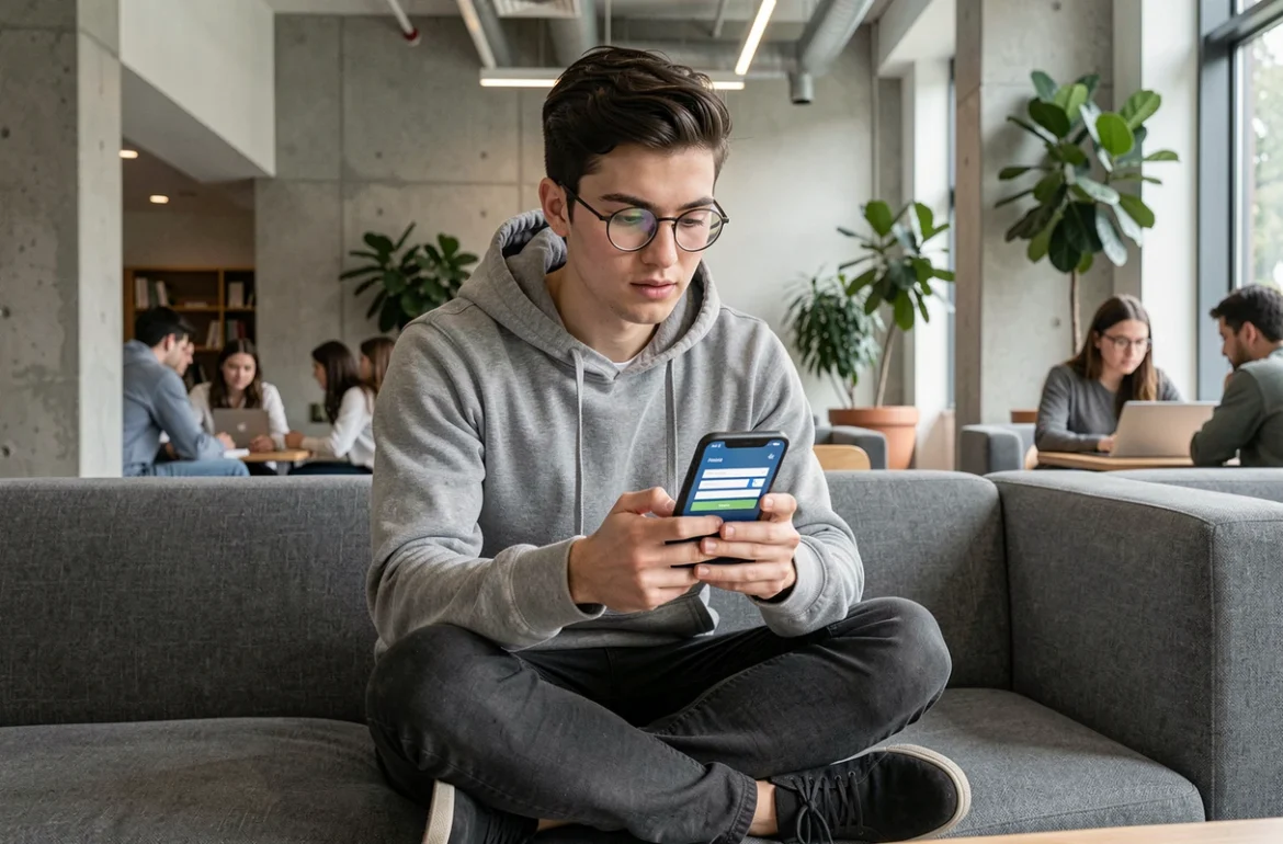Étudiant masculin utilisant un smartphone pour se connecter à Eduline Lille dans un espace commun universitaire moderne