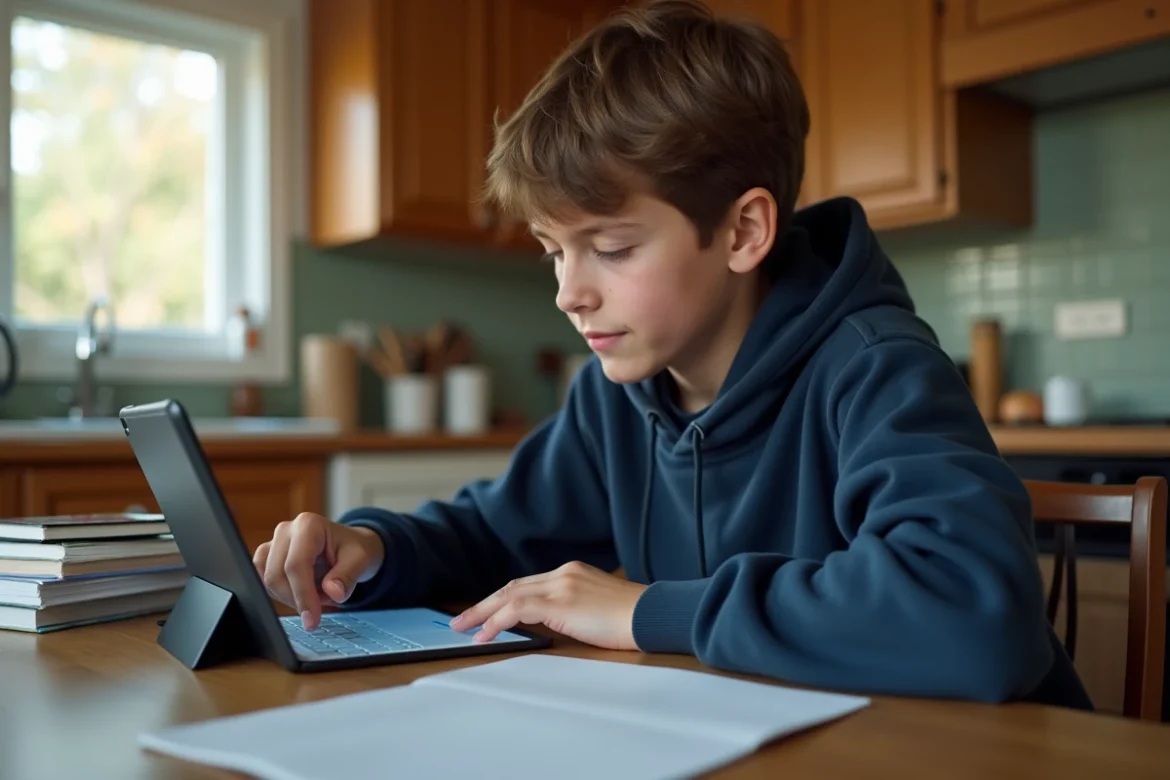 Adolescent vérifiant ses identifiants de connexion sur l'ENT Paris Classe Numérique depuis une tablette à la maison