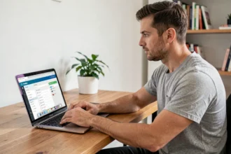 Homme connecté à l'interface Freebox OS sur un ordinateur portable depuis son bureau à domicile