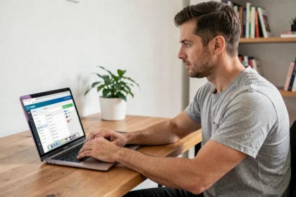 Homme connecté à l'interface Freebox OS sur un ordinateur portable depuis son bureau à domicile