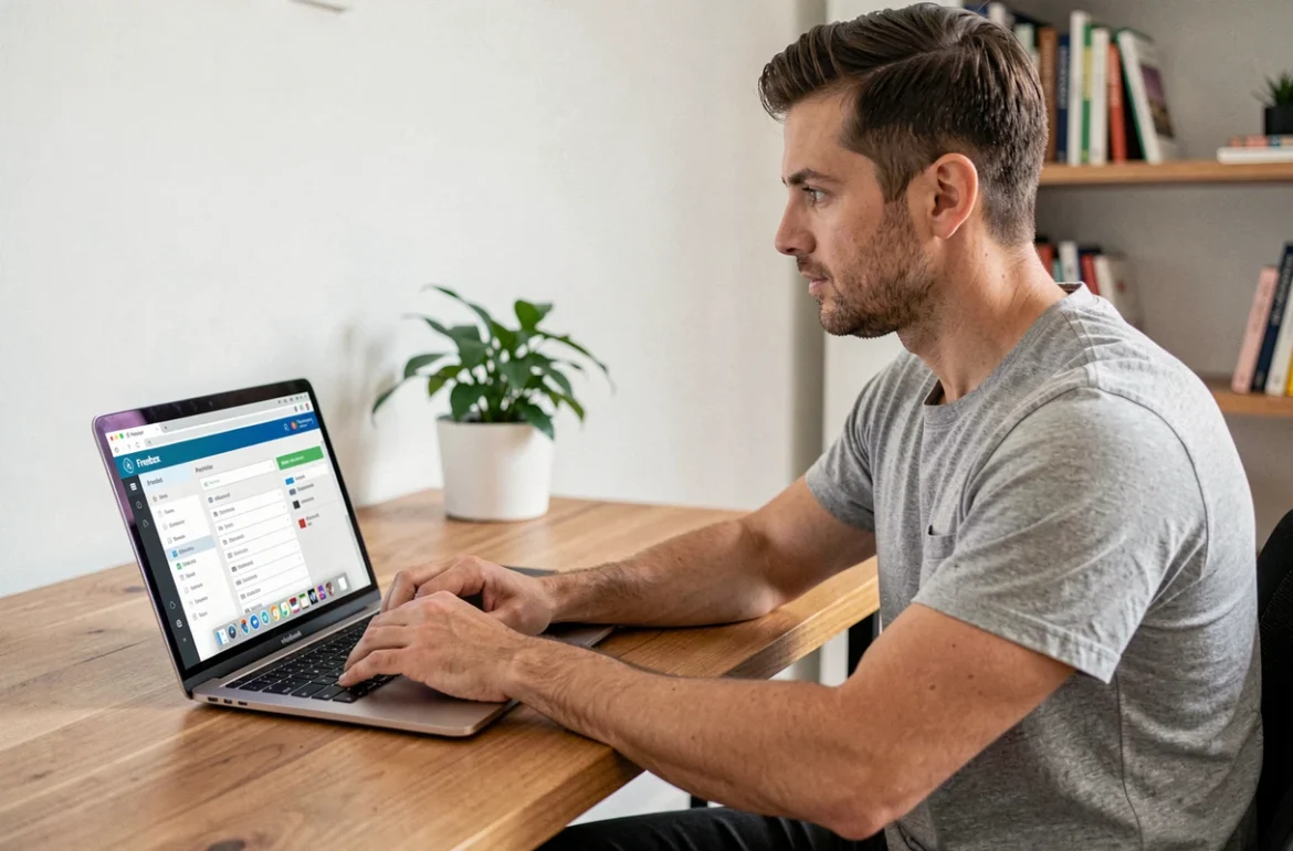 Homme connecté à l'interface Freebox OS sur un ordinateur portable depuis son bureau à domicile